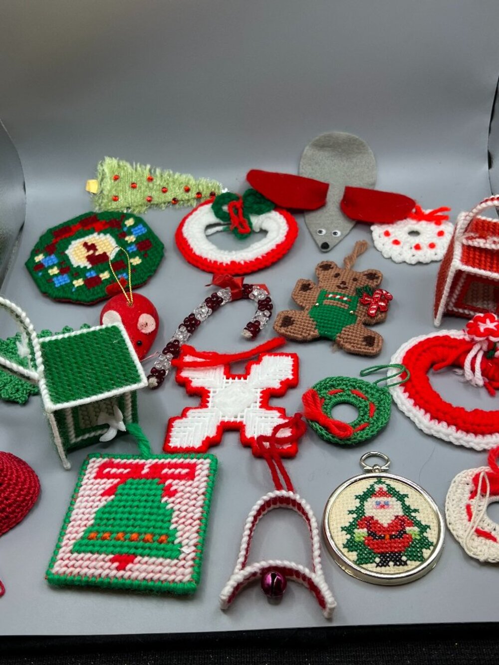 christmas ornaments handmade kitshy lot of 19 crochet yarn canvas 80s